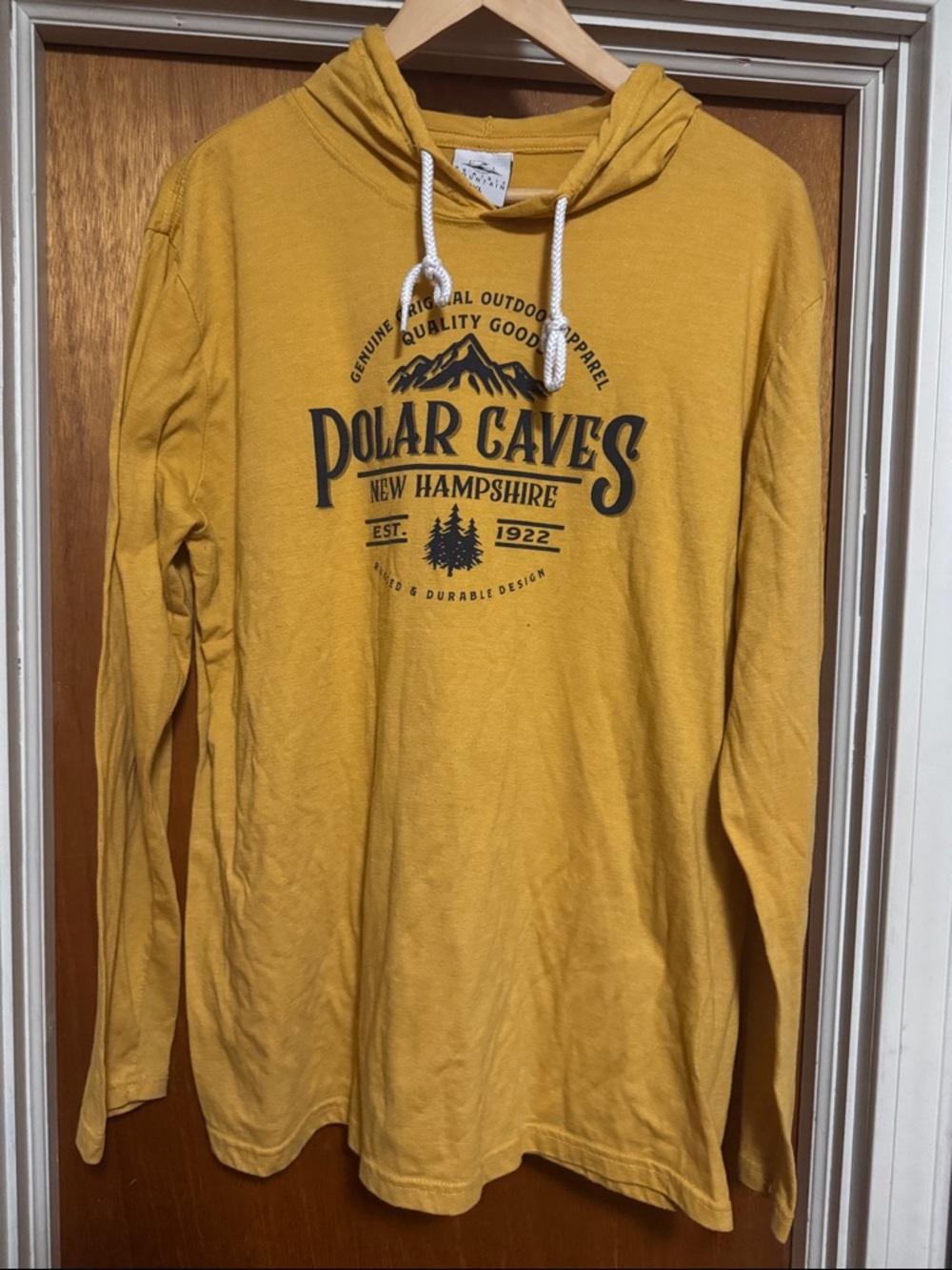 Polar Caves New Hampshire Mustard Yellow Hooded long sleeve Tee Sz XL